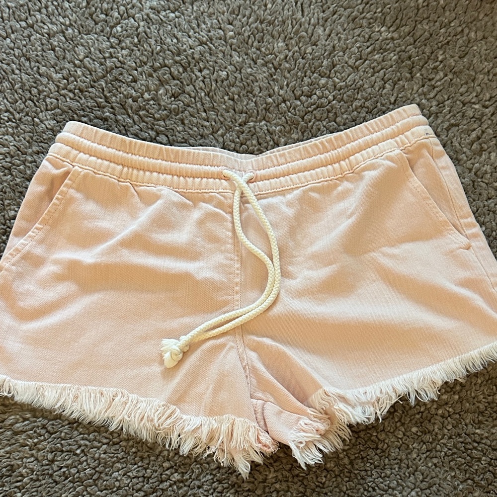 Aerie Pink Drawstring Jean Shorts with Fringe Like New Size XS